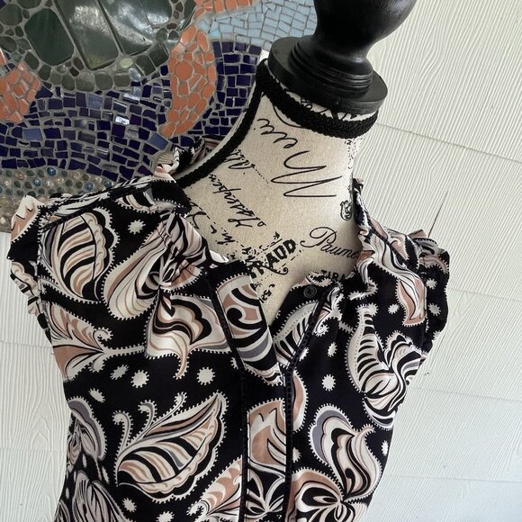 Ann Taylor Black Pink Blue & White Floral Henley Boho Top Blouse - Size SP (S7) - Picture 2 of 11